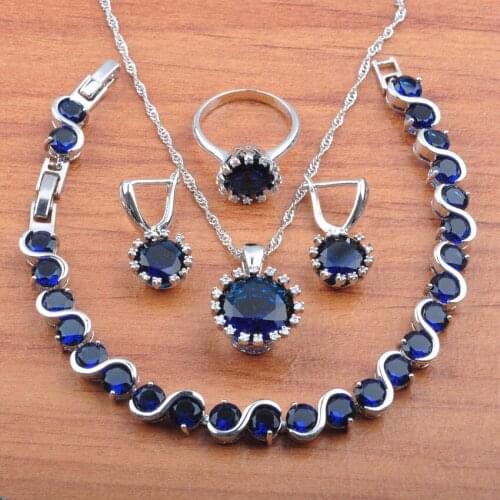 Hot Sale Blue Zirconia Crystal Silver Color Jewelry Set For Women Earrings Necklace Pendant Rings Bracelet Set JS0527
