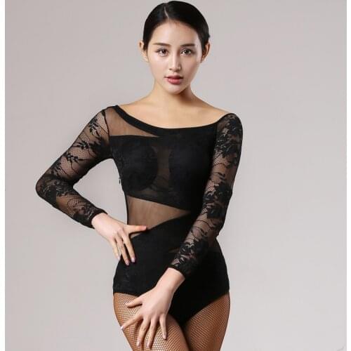Lace gauze long sleeve Ballroom Perspective Latin dance top bodysuit for female/women,Costume practice top performance wear 143