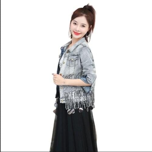 2021 Spring New Denim Jacket Women Heavy Industry Fringed Sequin Stretch Long-Sleeved Jeans Outwear Female Crop Top Trend L388