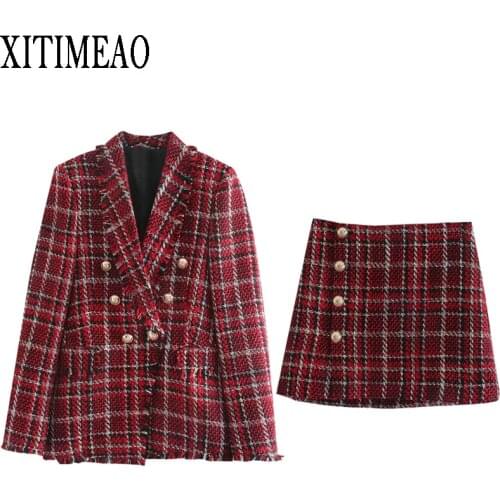 ZA Women Autumn Winter New Tweed Vintage Two Piece Skirt Suits Sets Buttons Coat And A-line Skirt Sets Elegant Fashion