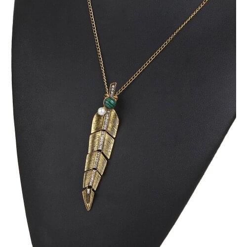 Necklace Ancient Ways Copper Crystal Feather Tassels Leaves Necklace Pearl Sweater Chain for Women 10pcs