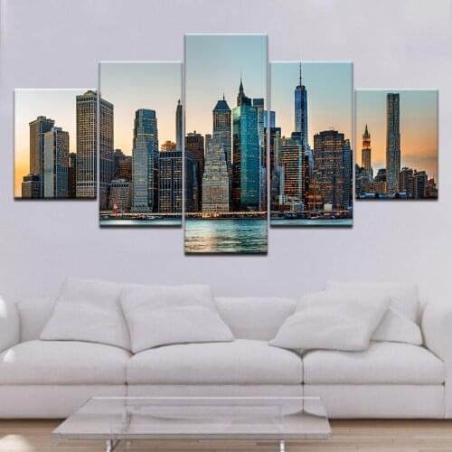 Canvas Prints Paintings Home Decor 5 Pieces Chicago Cityscape Sky View Poster Wall Art City Sunrise Landscape Pictures Framework