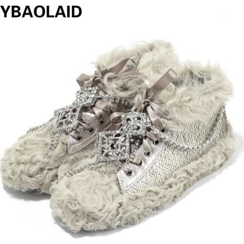 Cowhide Lamb Hair Rhinestone Buckle Chain Casual Flat Shoes Winter New Lace-up High-top Shoes Plus Cashmere Cotton Shoes