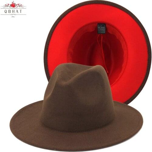 QBHAT Coffee Red Patchwork Men Felt Jazz Fedoras Women Church Hats Wide Brim Ladies Couple Panama Wool Fedora Hats with Belt