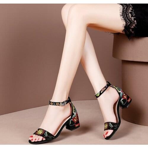 Summer Women Sandals Embroider Ankle Strap Sandals Ladies High Heels Woman Dress Shoes Flower Ladies Shoes Sandalias Mujer