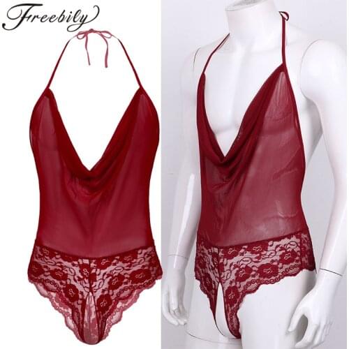 Mesh Transparent Open Crotch Bodysuit Gay Male Sissy Lingerie Halter Lace-up Semi See-through Lace Babydoll Sleepwear Nightwear