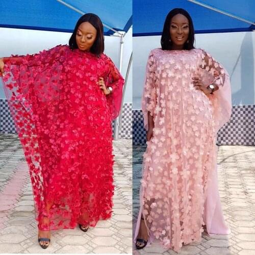 Net Lace Africa Women Dress Chiffon Flower Kaftan Maxi Clothing With Base Dress For One Set Fashion Boubou Pluz Size Abaya J232