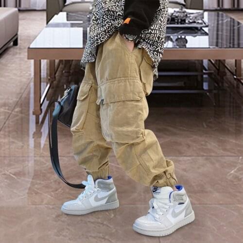 Elastic Waist Child Boys Pants Cotton Multi-pockets Harem Cargo pants Hip-hop Boys Loose Trousers Preteen Boy Childrens Bottoms