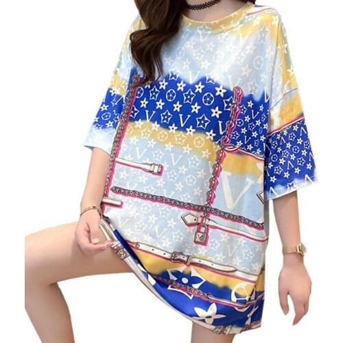 ZuoLunOuBa Print Stars Letter Geometry Women T Shirt Summer Loose One Size Fashion Tees Korean Blue Tops Female