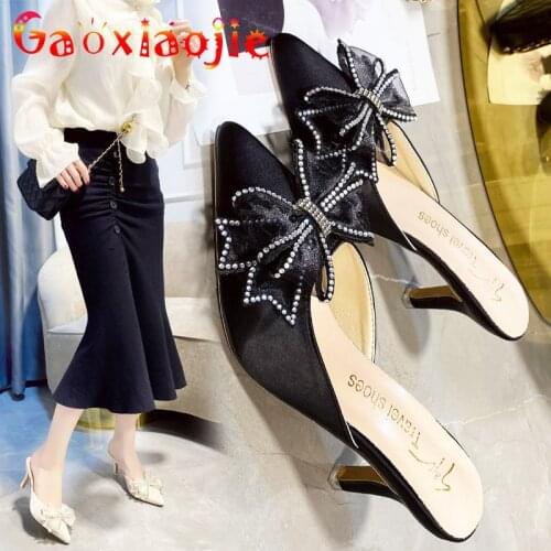 High Grade Satin Women Slippers Closed Pointed End 7CM Elegant Partys Office Sandals Lace Diamond Bow Summer High Heel Shoes