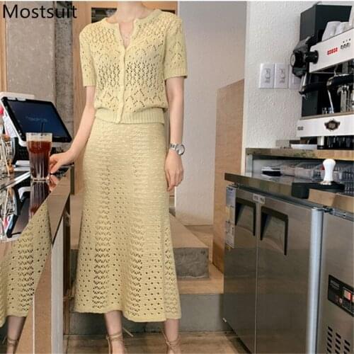 2020 Summer Korean Knitted Two Piece Skirt Sets Women Short Sleeve Cardigan + High Elastic Waist Long Skirt Suits Fashion Sets