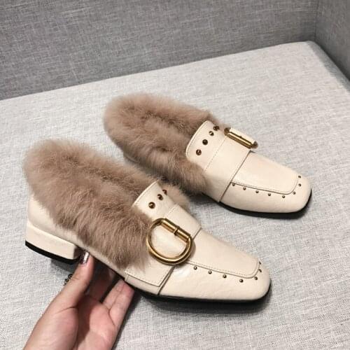 Womens Fur Shoes for Winter Wear 2020 New Soybean Shoes Womens Plush Cotton Shoes Thick Heel Rabbit Hair Single Shoes