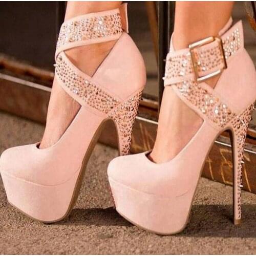 Womens high heels pumps , super high heels, 16cm pink rivet and diamond with fashionable sexy high heels, large shoes
