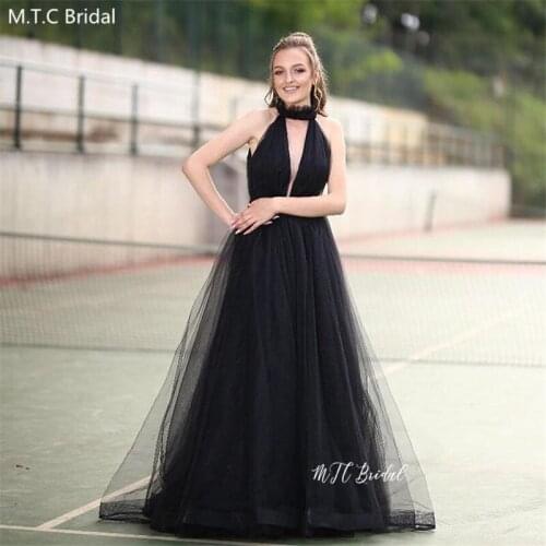 Long Black Evening Dress 2020 New Arrival Halter Backless Tulle Formal Dresses For Women Customize Robe De Soiree