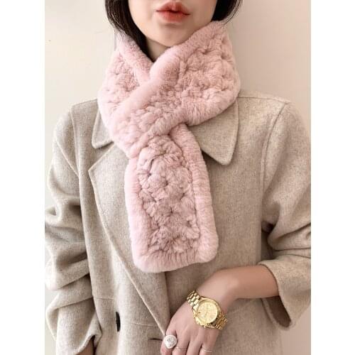 Winter Fur Scarf Women Real Rex Rabbit Warm Neckerchief Fluffy Soft Hollow out woven Pink Black Beige Grey