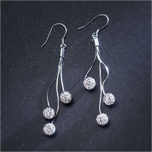 100% Real. 925 Sterling Silver Disc Ball Hip Hop CZ Set MultiLayer Rows Tassel Hook Earrings Long Charms C-E5520
