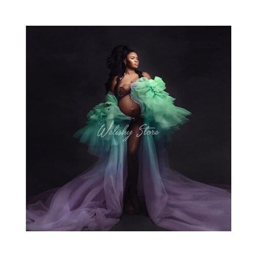 2021Extra Puffy Ruffled Sleeves Long Robes Tulle Maternity Women Outfits Colorful Party Dress Floor Length Tops Open Jacket