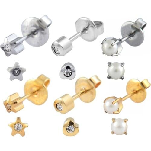 6 Pairs Stainless Steel Ear Piercing Shaped Plain Stud Earrings 4mm Star or Heart with Gem Crystal & 3.5mm Pearl Earring Jewelry