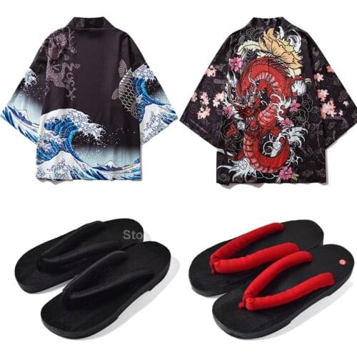 Samurai Men Kimono Haori Wave Dragon Print Thin Loose Style Yukata Jacket Cardigan Japanese Traditional Shoes Geta Clogs Wooden