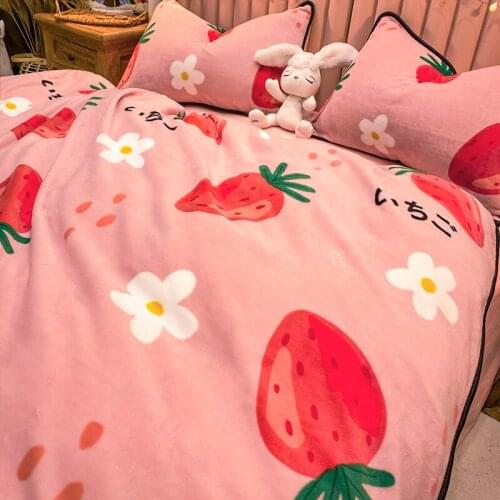 Cute Cartoon Print Korean Style 4pc Bedding Set For Girls Soft Milk Velet Duvet/quilt Cover With Zipper Fitted / Flat Sheet Set