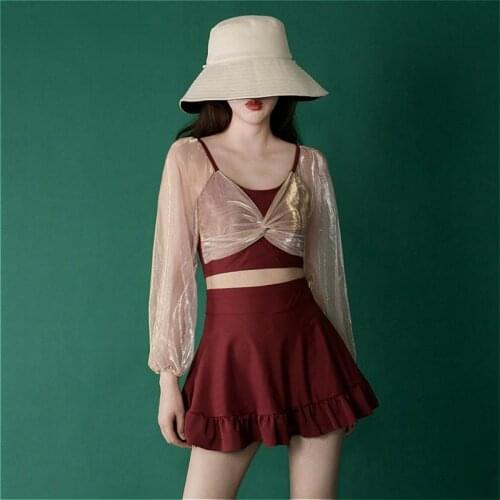 Bikini Sets Womens Summer Swimsuits Lurex Lantern Sleeve Ruffles O-neck High Waist Casual Sweet Korean Style Elastic Swimwears