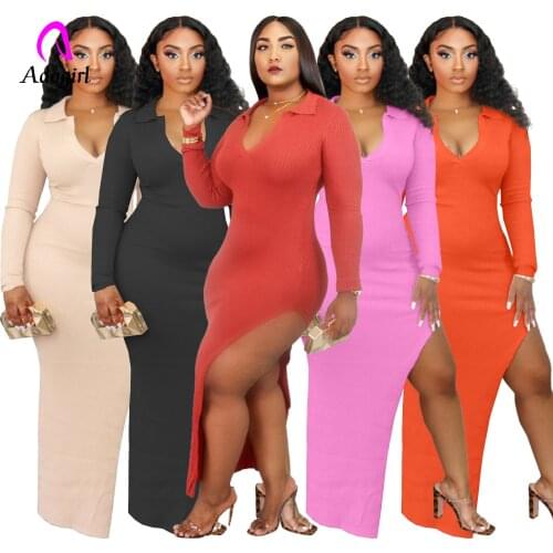 Fashionable Women Sexy Nightclub Party Dresses 2020 Autumn Lady Turn-down Collar Full Sleeve Side High Split Floor-length Dress
