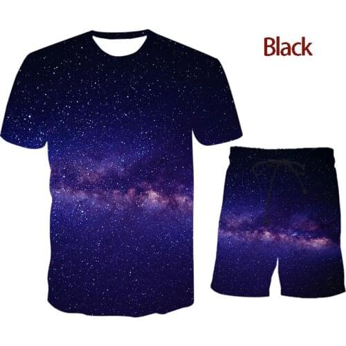 2021 Summer New 3D Printing Starry Sky Suit Mens T-Shirt Short Sleeve + Five-Point Sports Pants Fashionable Trendy Streetwear