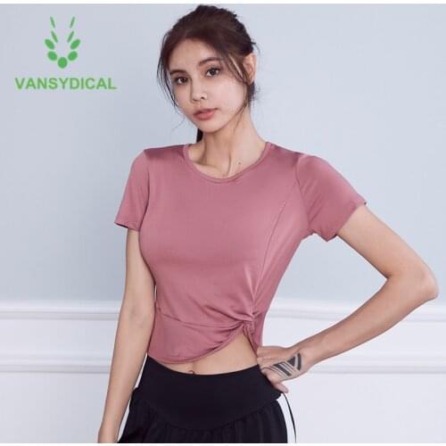 New Sports Workout Cropped Tops Women Gym Yoga Shirts Kinked Quick Dry Sportswear Summer Fitness Training Running Short Sleeve