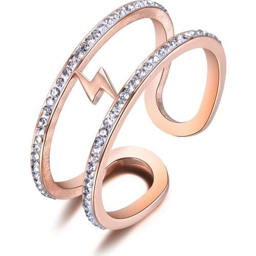 New Lightning Design Titanium Steel Rings Luxury Rose Gold Color Micro Pave Rhinestones Wedding Ring For Women R19002