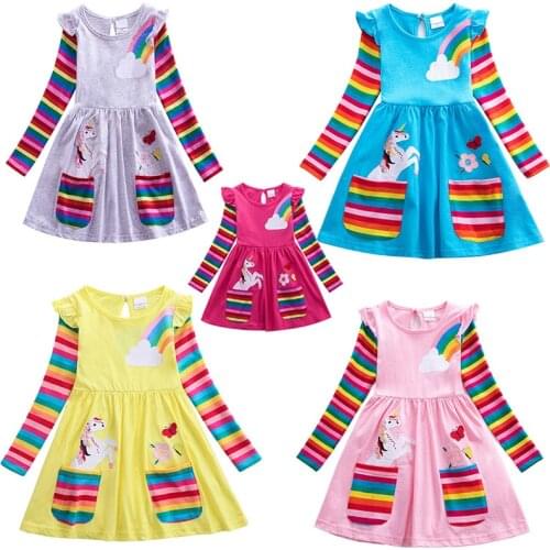 Jumping Meters Long Sleeve Princess Girls Dresses Unicorn Embroidery Floral Baby Cotton Clothes Pockets Costume Kids Frocks