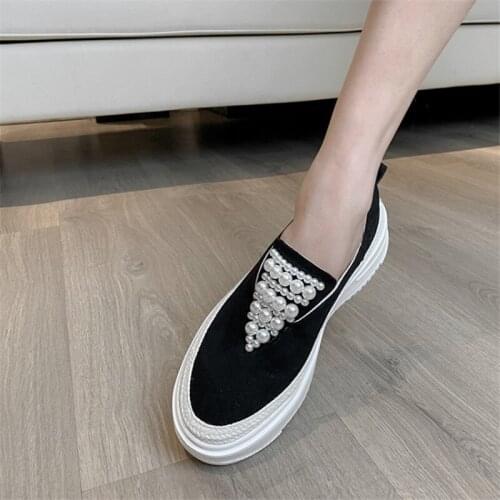 PXELENA Brand New Pearls Studded Loafers Women Kid Suede Flat Platform Shoes Lady Casual Comfort Cozy Slip On Daily 2021 Spring
