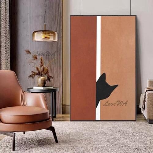 Modern Abstract Painting Oil Of A Little Black Cat Playing Hide-and-seek Canvas Wall Art Decoration Picture For Living Room
