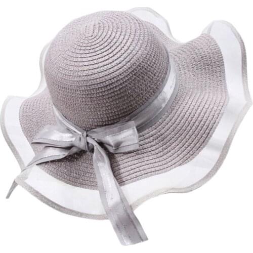 Women Summer Straw Floppy Sun Hat Mesh Patchwork Wavy Wide Brim Ribbon Bowknot Elegant Sunscreen Beach Cap Chin Strap