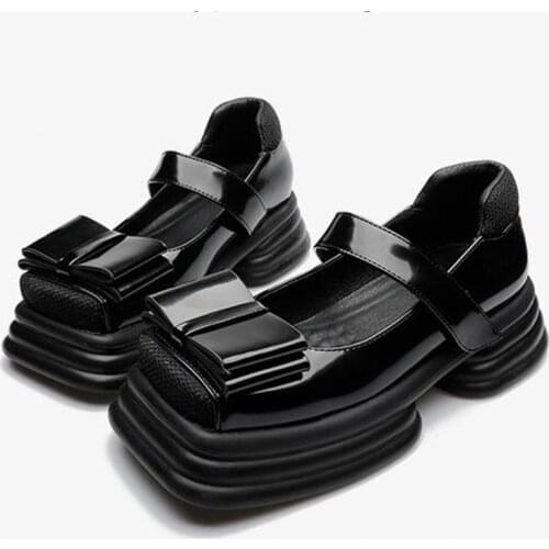 Patent Leather Women Platform Flats Bow Ladies Loafers Retro Style Punk Gothic Mary Jane Shoes Square Toe Female Y2K Shoes