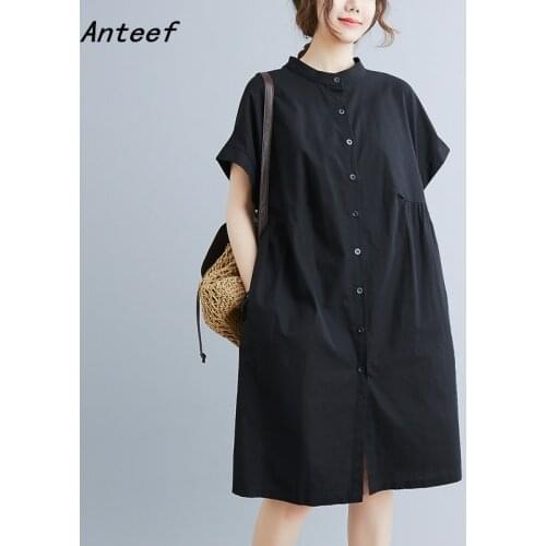 Short sleeve plus size cotton vintage dresses for women casual loose midi summer shirt dress elegant clothes 2021 sundress
