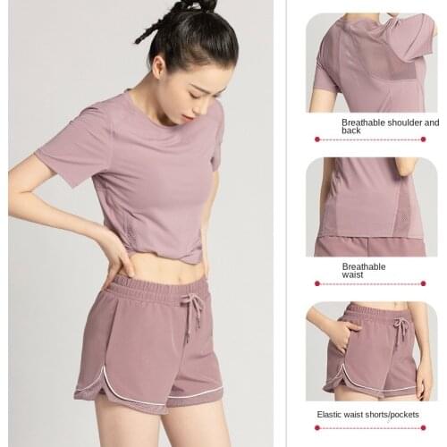 Womens Yoga Suit Summer Short Sleeve Shorts Loose Naked Feeling Mesh Breathable Quick Dry Running Fitness Clothing Two pieces