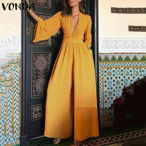 VONDA 2021 Women Long Jumpsuit Romper 3/4 Sleeve V Neck Casual Playsuit Overalls Ladies Wide Leg Loose Black Playsuits Oversized