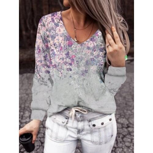 2021 Autumn and Winter Womens Flower Print Top Loose Long Sleeve V Neck Tees Ladies Casual Pullover All Match T-shirt Camiseta
