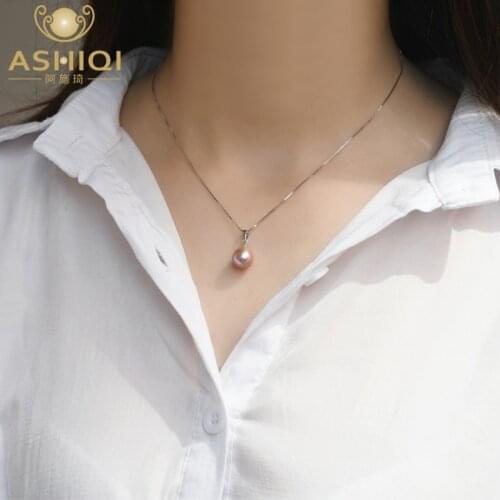 ASHIQI 925 Sterling Silver Pendant Necklace with 9-10mm Freshwater pearls Jewelry Best Gift for Women