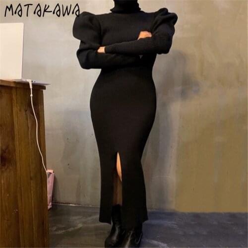 Matakawa Knitted Dresses for Women Autumn Winter Vintage Turtleneck Puff Sleeve Slim Stretchy Robe Split Dress Elegant Vestidos