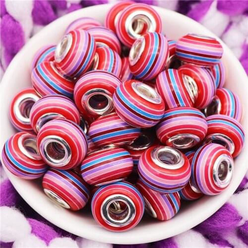 10Pcs Stripe Color Rainbow Plastic Resin Big Hole Beads Fit Pandora Bracelet Bangle Snake Chain Necklace for Jewelry Making DIY