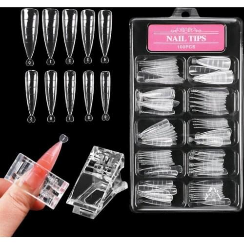 100Pcs/Box Nail Tip DIY Fashion Unique UV Acrylic Almond Nail Dual Forms Stiletto Shape Nail Molds for Nail Art Finger Extension