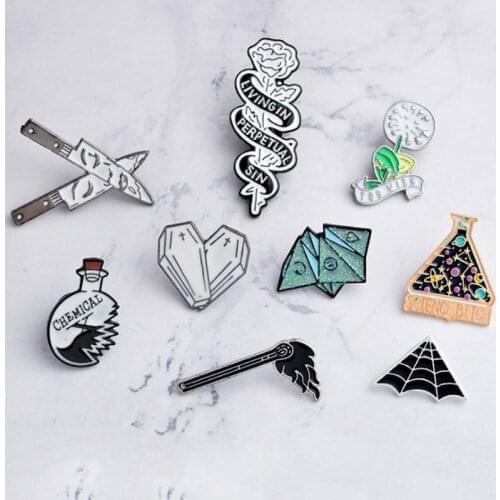 1PC Halloween Unisex Accessories Dagger Knife Matches Cobweb Flower Rose Heart Coffin Punk pin Enamel Brooch For Women Men