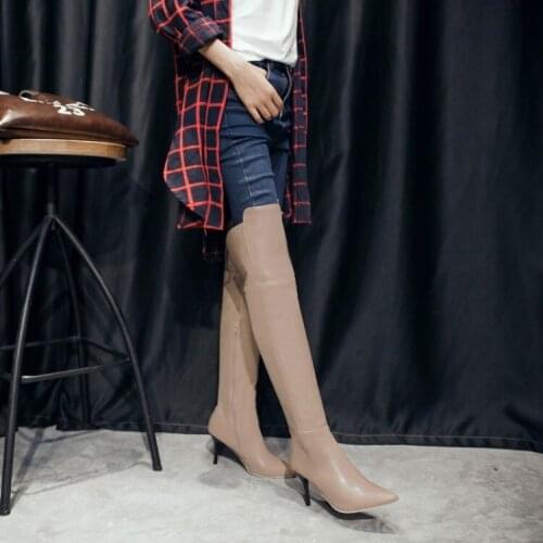 Big Size Euro-American fashion of slim long boots with sharp head, high heel and side zipper over knee