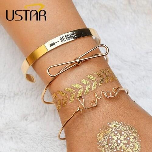 USTAR LOVE BE BRAVE Letter Bangle & Bracelet for women Gold color Bowknot opening Bangle femme Pulseras Mujer Jewelry 3pcs/set