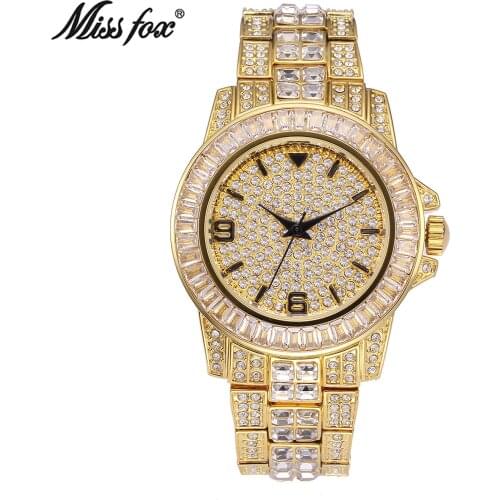 MISSFOX Mens Watches Men 2019 Baguette Diamond Watch Men Luxury Brand Man Watch 18K Gold Waterproof Watch Quartz Wristwatch