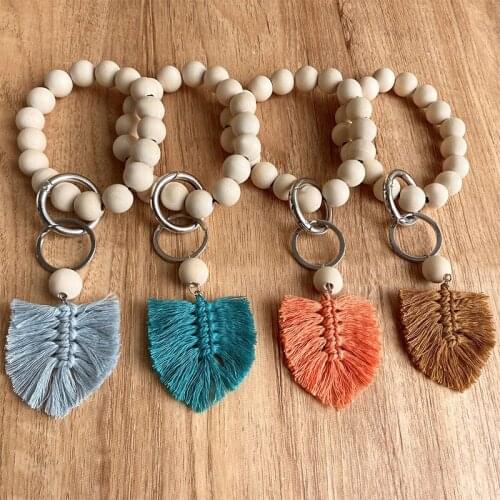 Wood Beads Bracelets Handmade Woven Cotton Fan Fringe Tassel Keychains Fashion Accessories Key Ring