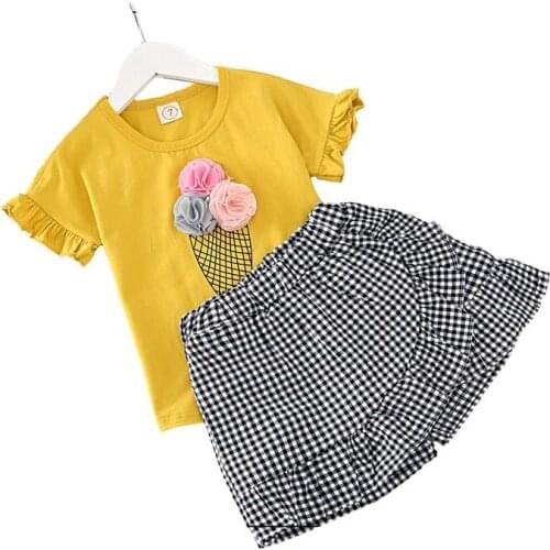Dulce Amor Girls Clothes Set Summer Ice Cream Yellow T-Shirt+Plaid Pantskirt Culottes 2pcs Children Clothing Set Drop Shipping