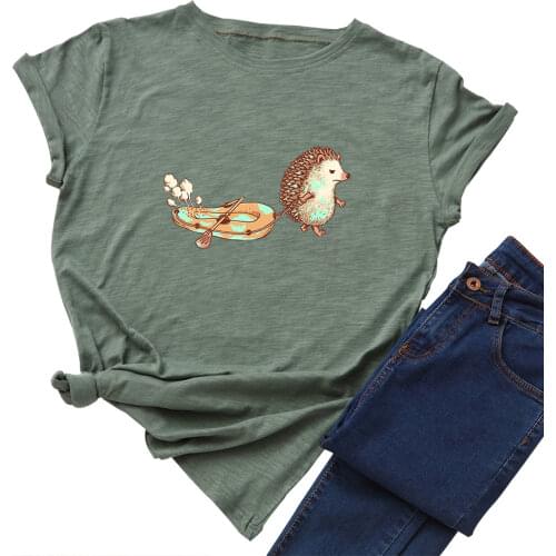 Women T-shirt Graphic Tees Cotton T Shirts Tops Streetwear Oversized Clothes Short Sleeve Plus Size Hedgehog Printed Funny Shirt