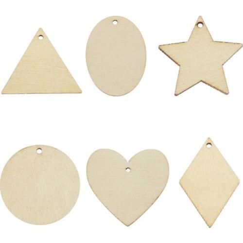 Julie Wang 50PCS Wood Charms Blank Unfinished Round Heart Star Oval Triangle Wooden Slice Pendant Jewelry Making Accessory Decor